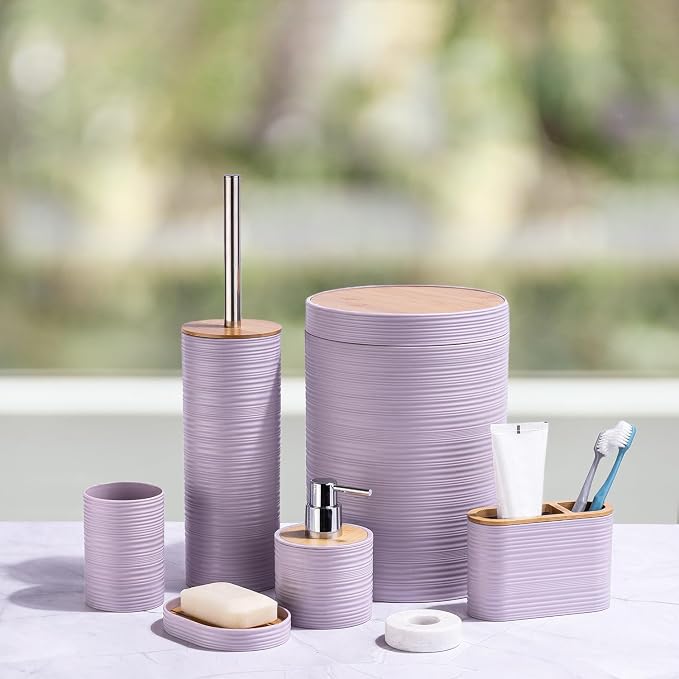 CERBIOR Bathroom Accessories Set 6 Piece Bamboo Bath Ensemble Includes Soap - Image 2