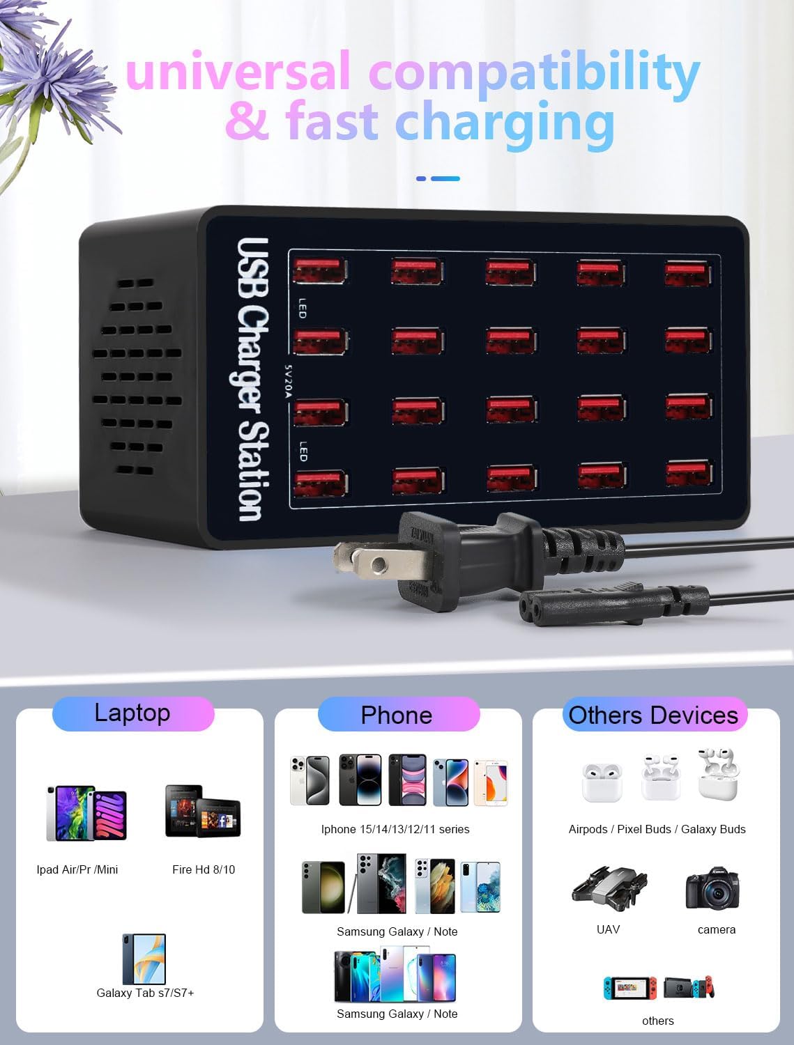 USB Charging Station,100W 20-Port Multi Smart Safety Fast Charger