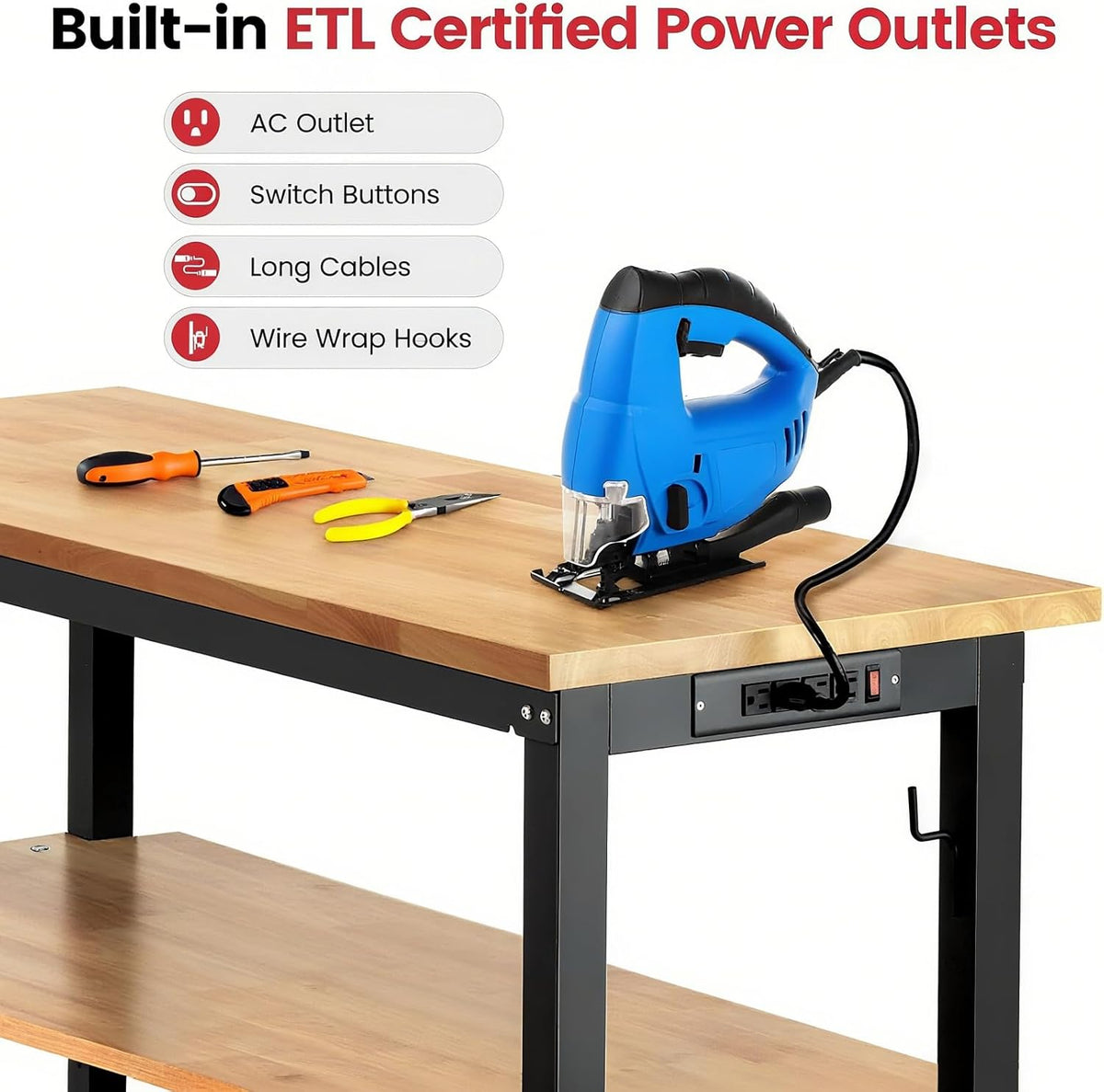 48" Adjustable Workbench with Storage Shelf,Pegboard&Power Outlet
