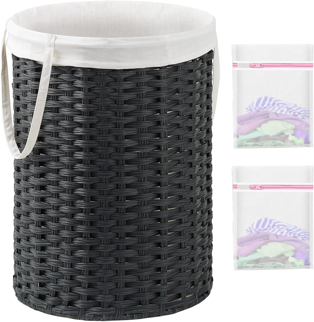 Laundry Basket Round PE Rattan Laundry Hamper, Black (No Lid)