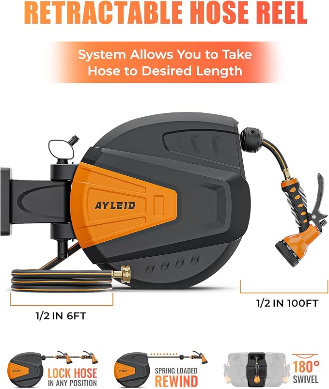 Ayleid Retractable Garden Hose Reel, 1/2 in x 100 ft Wall Mounted Hose Reel - Image 2