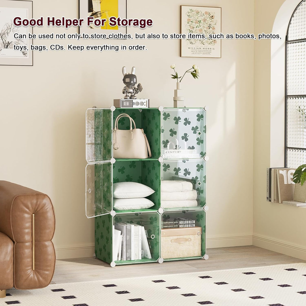 C&AHOME Clover Embossed Storage Organizer with Doors 6-Cube Shelf