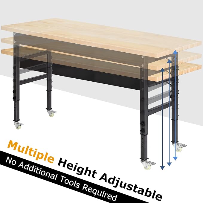 60" Adjustable Work Bench, Rubber Wood Top Workbench Heavy-Duty Work Table - Image 7