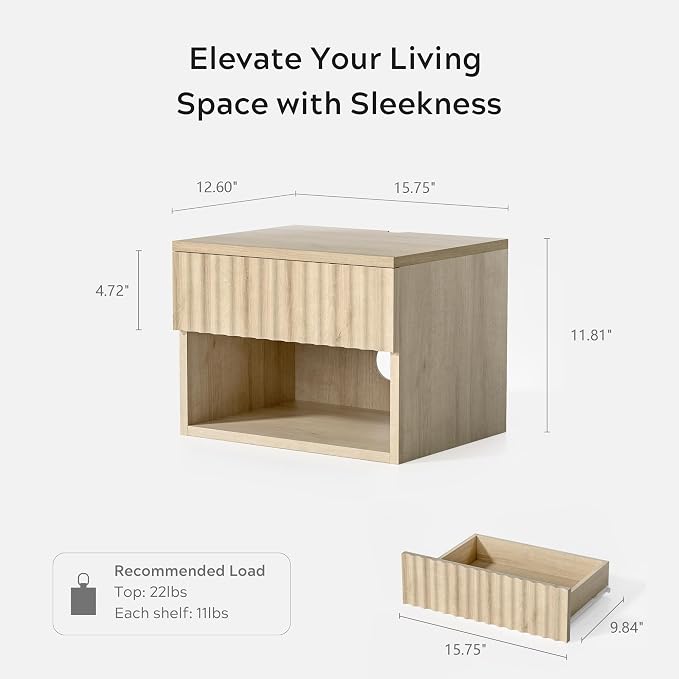 Small Floating Nightstand with Drawer, Modern Night Stand with Fluted Door and - Image 2
