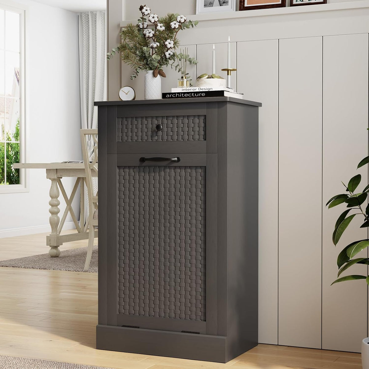 Tilt Out Laundry Hamper Cabinet, Rattan-Style Laundry Room