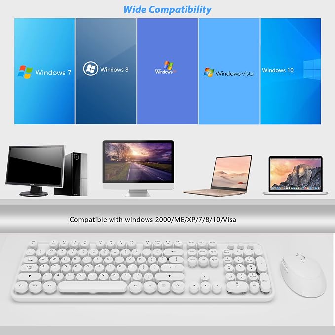 Wireless Keyboard Mouse Combo, 104 Keys Cute White Keyboard - Image 5