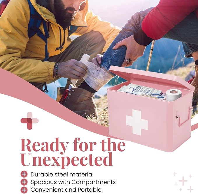 Flexzion First Aid Box Organizer Empty 13" Pink Vintage First Aid Kit Tin Metal - Image 4