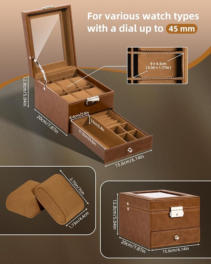 Uten 6-Slot Watch Box, 2-Layers PU Leather Watch Case - Image 6