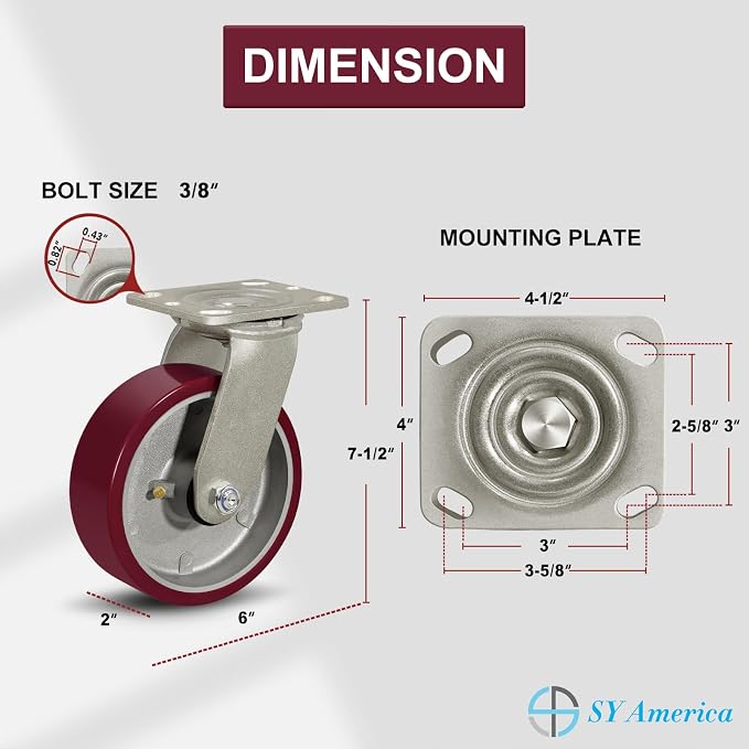 SY America 6" X 2" Casters Wheels, Heavy Duty Industrial Casters，Polyurethane - Image 2