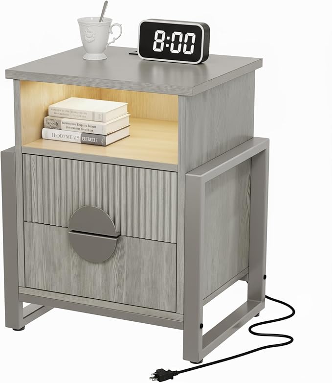 Fluted Nightstand with Charger Station Strip Lights, Large Accent Bed Side by WelcometoHolliWill