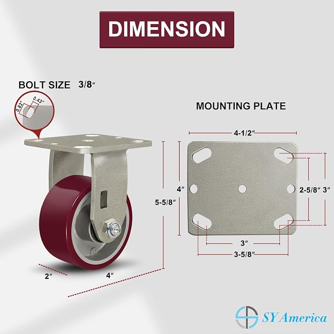 SY America 4" X 2" Casters Wheels, Heavy Duty Industrial Casters，Polyurethane - Image 2