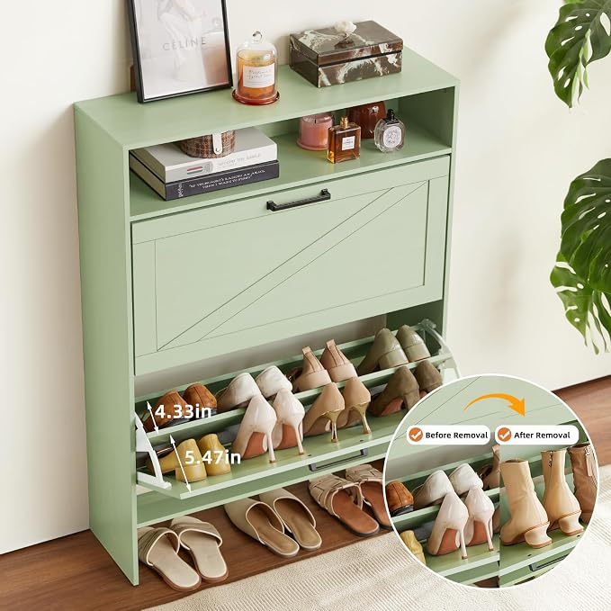 Shoe Storage Cabinet with 2 Flip Drawers, Farmhouse Shoe Organizer with Legs - Image 3