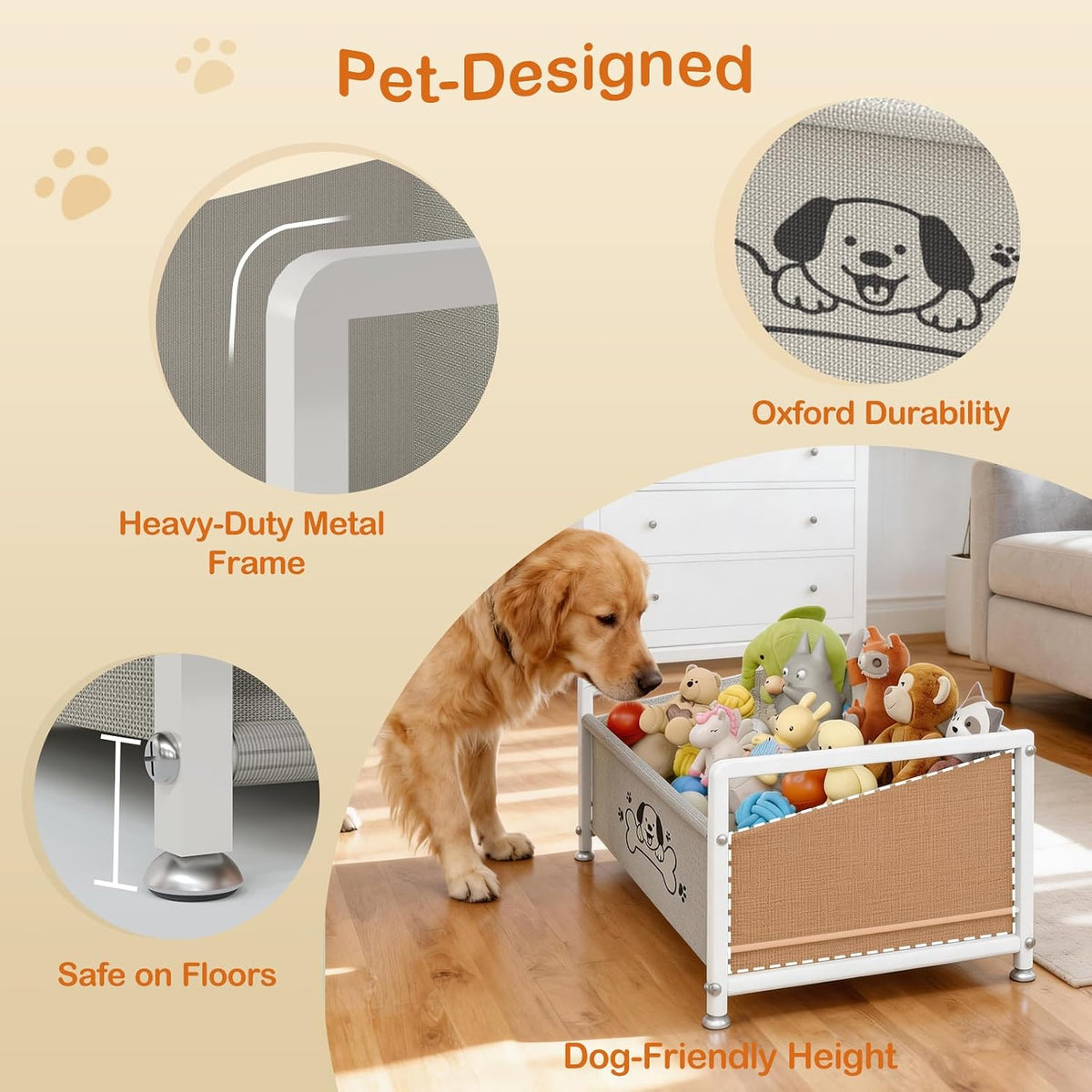 Dog Toy Box for Storage, Metal Frame Oxford Fabric Pet Toy Organizer
