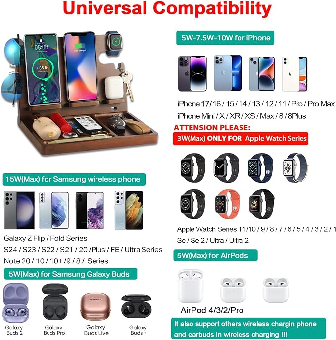 Wood Phone Docking Station Dual Phone Wireless Charging Station Organizer - Image 3
