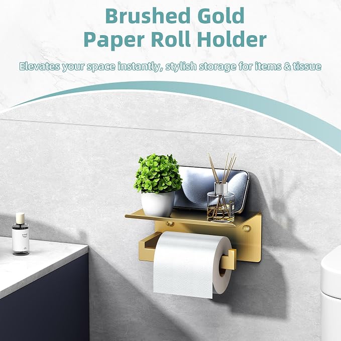 Toilet Paper Holder with Shelf Brushed Gold, APLusee SUS 304 Stainless Steel - Image 6