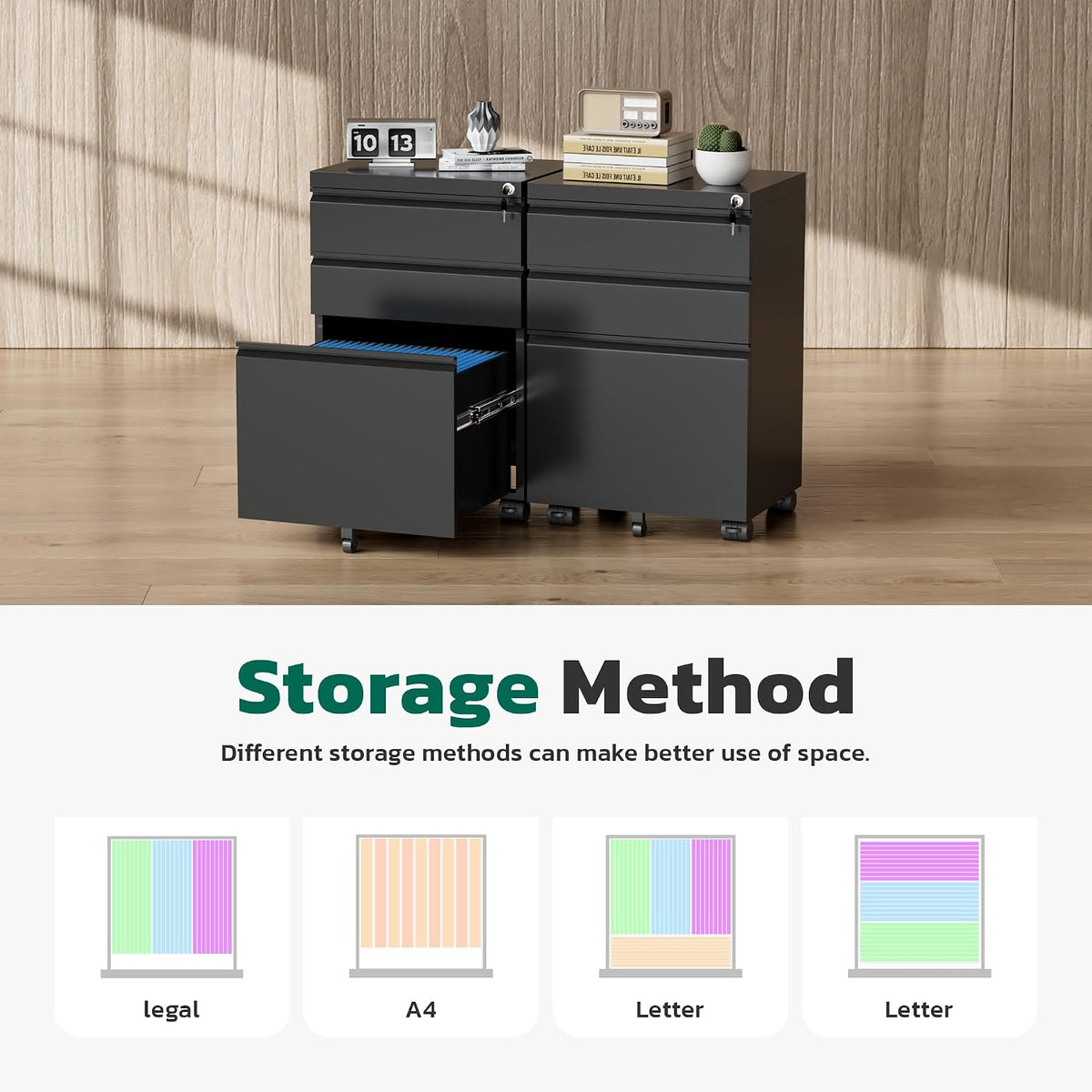 3 Drawer Mobile File Cabinet with Lock, Metal Filing Cabinet on