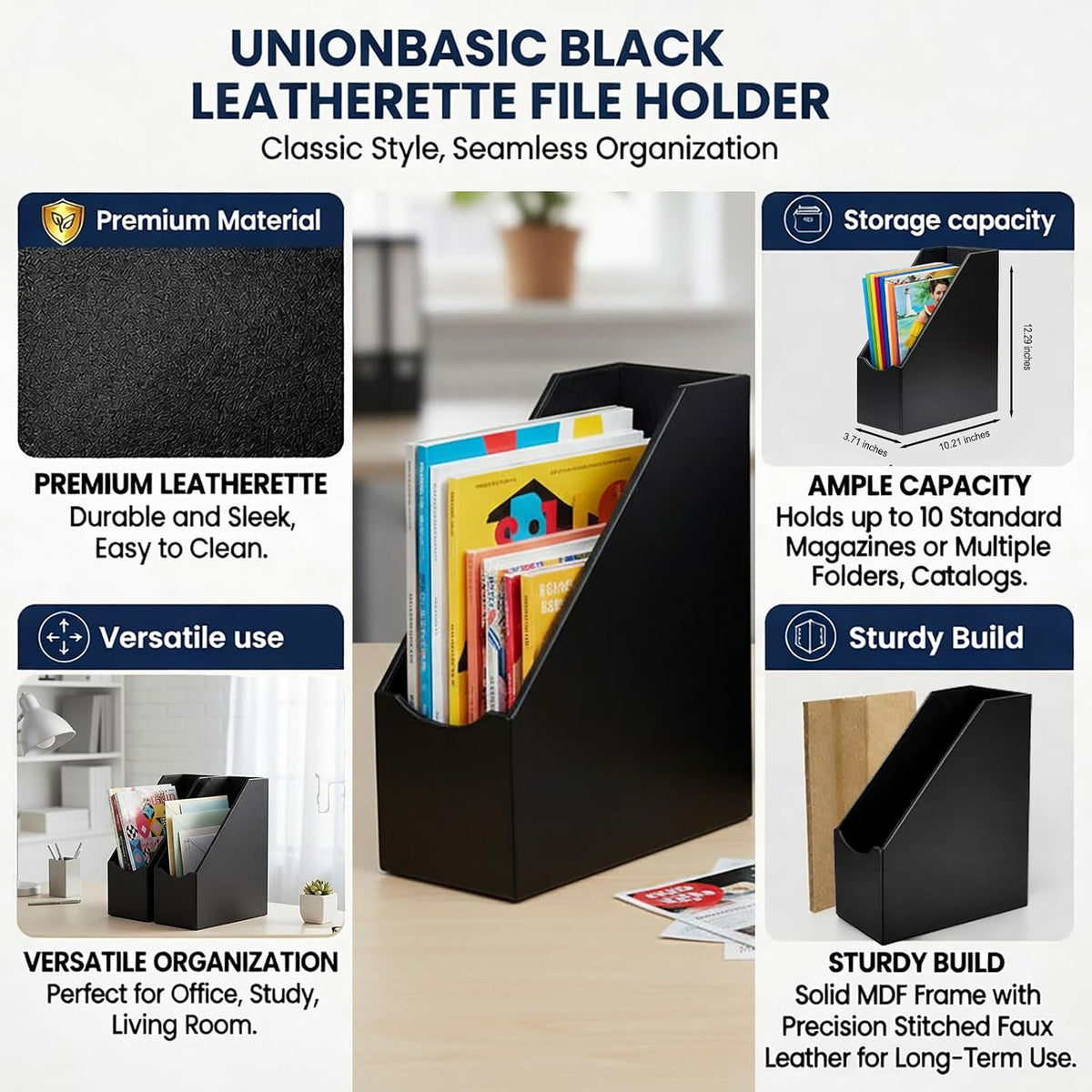 Leatherrette Magazine File Holder, Black