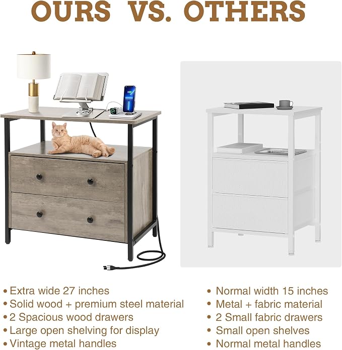 27 inch Wide Night Stand with Charging Station, Bedside Table with Open Shelf - Image 7