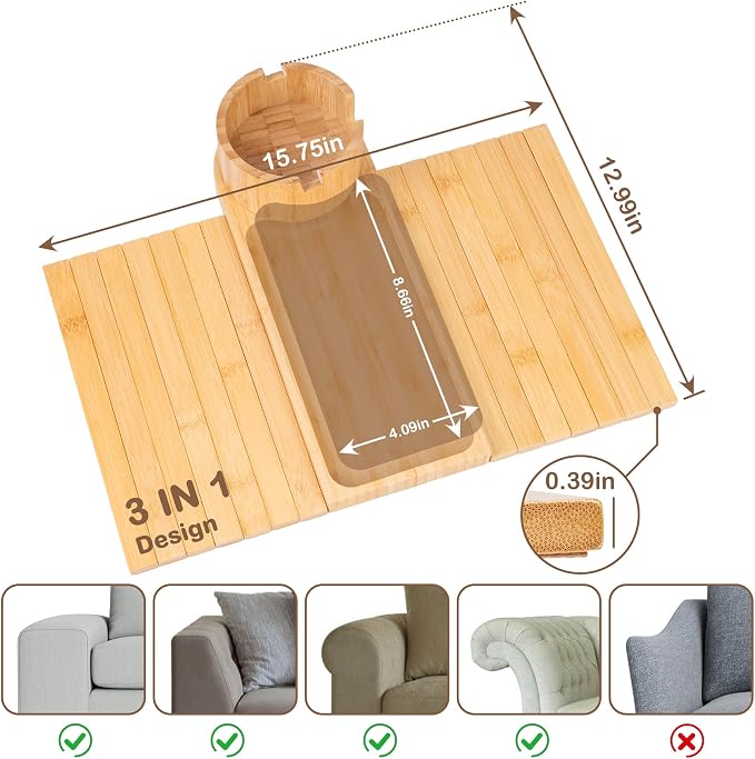 Couch Cup Holder Tray for Thin Armrest Wider Than 4.9'', Bamboo Couch Arm Tray - Image 2