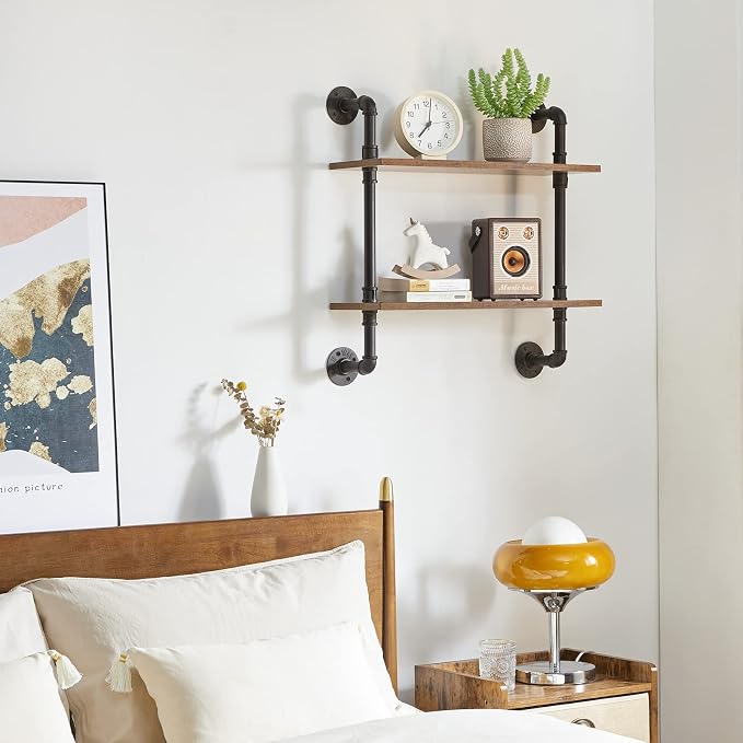 YMYNY Industrial Pipe Shelf Bracket, 2 Tiers Retro Wall Mounted Floating Shelf - Image 4