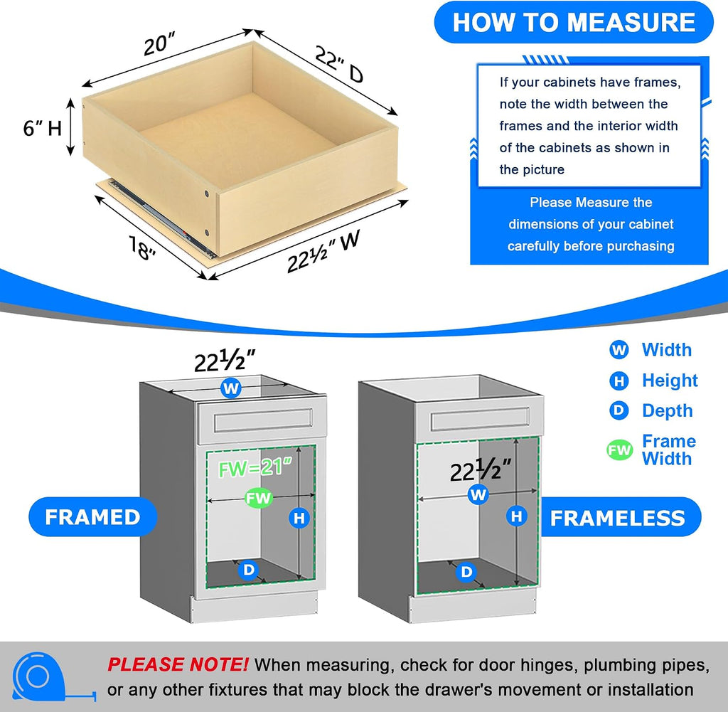 WelFurGeer Soft Close Pull Out Drawers for Cabinets, 20" W x 22" D