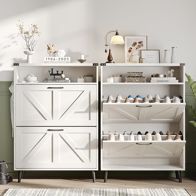 Shoe Cabinet with 2 Flip Drawers & Open Storage, Farmhouse Shoe Storage Cabinet - Image 4