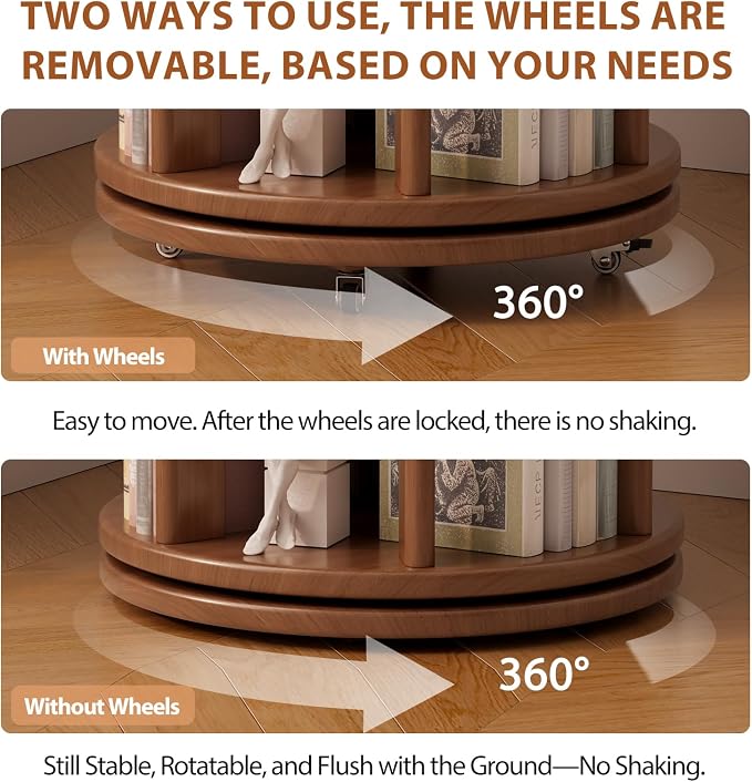 Solid Wood Rotating Bookshelf on Wheels, 5 Tier, Round Revolving Bookcase - Image 5