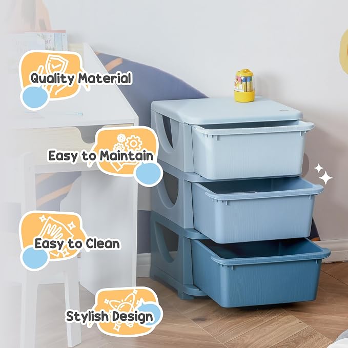 Qaba 3 Tier Kids Storage Unit, 3 Drawer Chest Toy Organizer Plastic Bins - Image 7