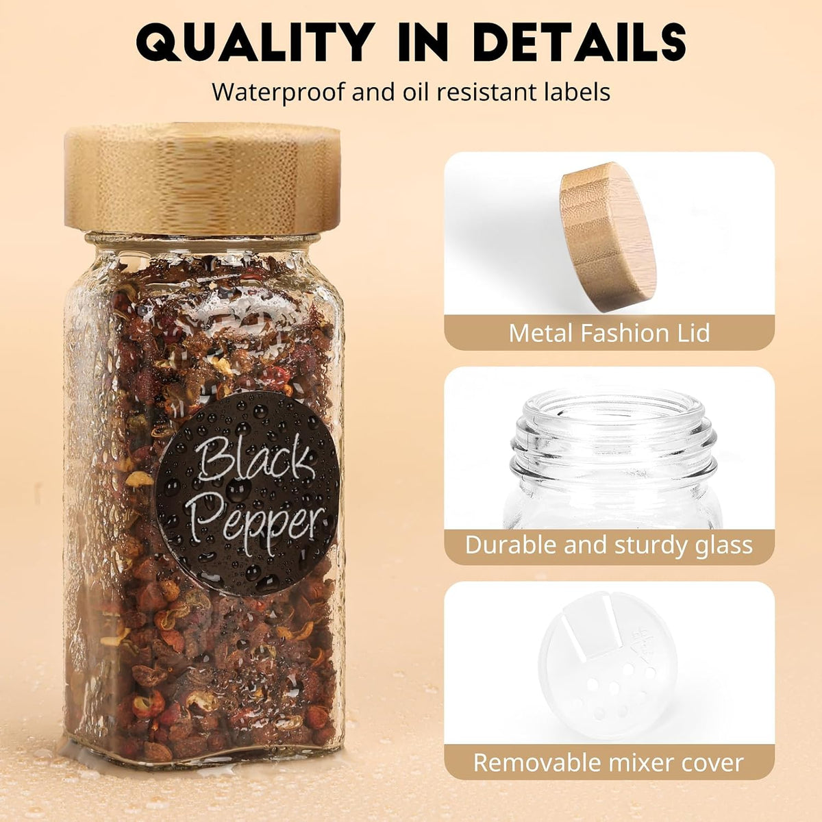 6Pcs Spice Jars with Label, 4oz Empty Square Seasoning Containers