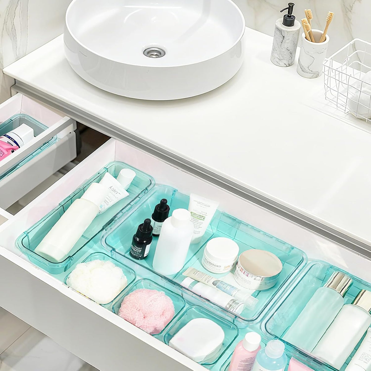 20 Pcs Adjustable Clear Drawer Organizer, Extendable Vanity Storage