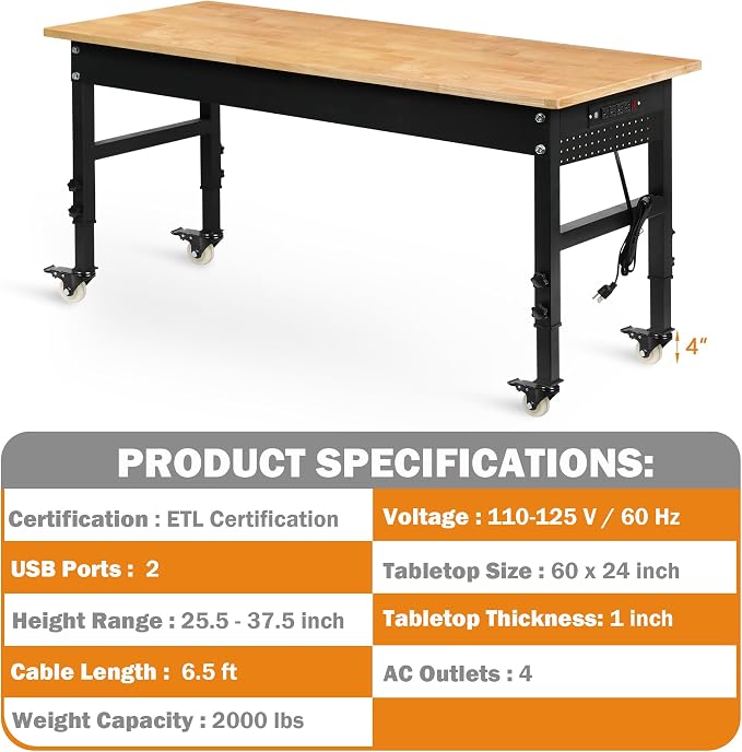 Betterhood 60" Adjustable Workbench on Wheels, Rubber Wood Heavy Duty - Image 4