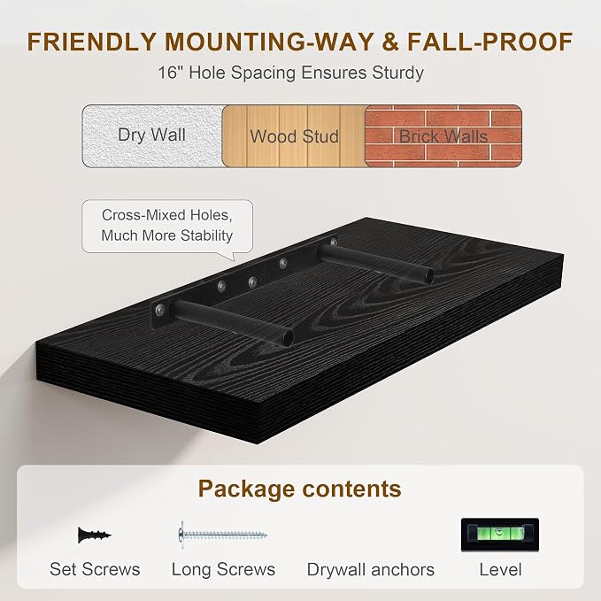 Fun Memories Black Floating Shelves 16 Inch Long, 8 Deep Floating Shelf Wall - Image 7