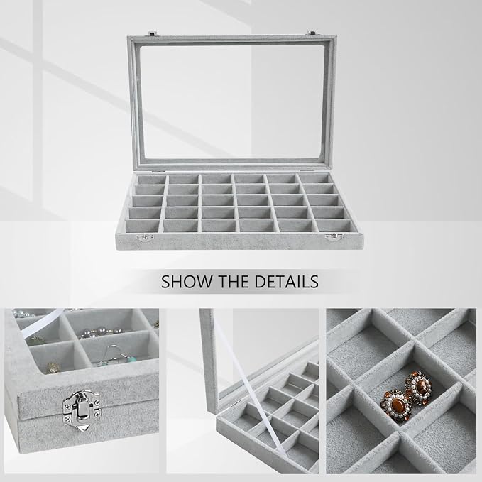 Wudygirl 30 Grid Jewelry Organizer Velvet Jewelry Box Jewelry Tray - Image 3