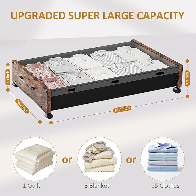 Under Bed Storage with Wheels, Rolling Underbed Storage Drawers, Wooden Under - Image 3