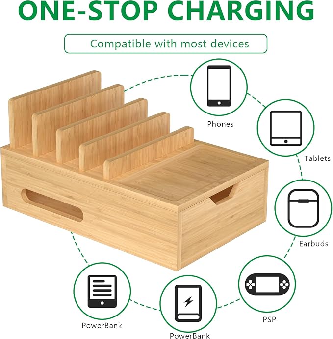 Bamboo Charging Station for Multiple Devices, Desk Charging Organizer - Image 6