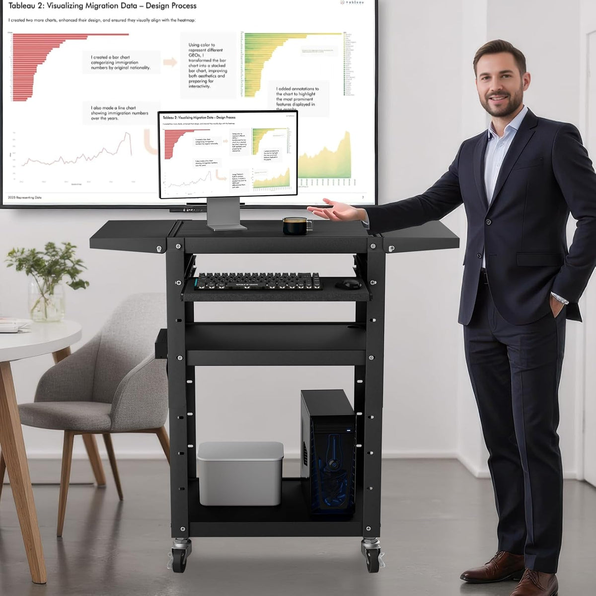 Mobile AV Cart with Pullout Keyboard Tray, Rolling Computer Cart