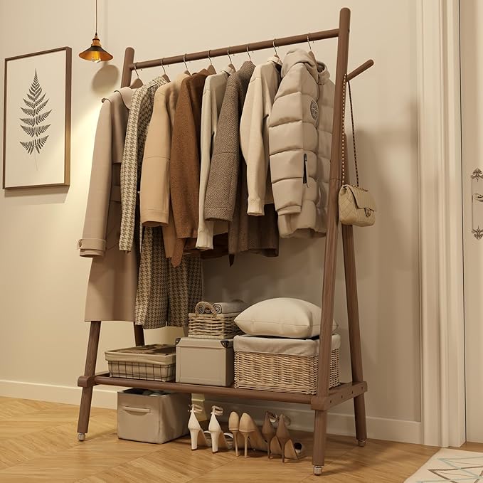 Solid Wood Clothing Rack, Rolling Clothes Rack by Muwuele