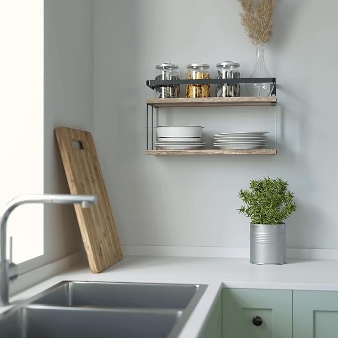 RICHER HOUSE Dual-Level Guardrail Floating Shelves, Rustic Wood Shelf Wall - Image 6