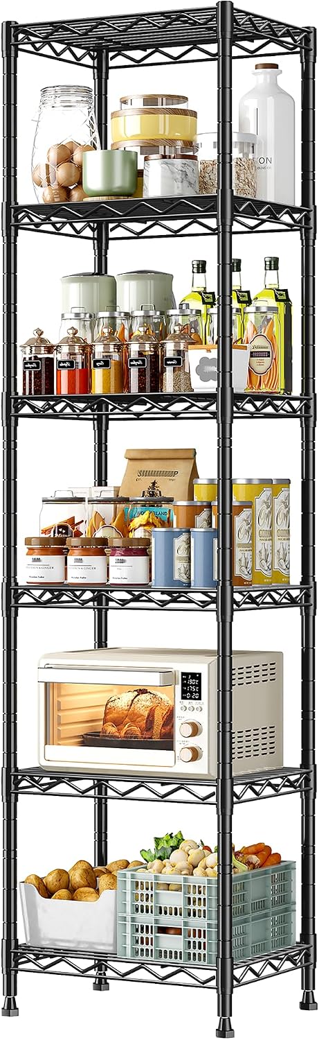 15.8" W 6-Tier Narrow Wire Shelving, Adjustable Shelves, Kitchen