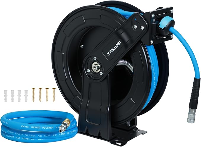 Retractable Air Hose Reel Dual Arms, 50 ft x 3/8 in Hybrid Air Hose Max 300PSI by Relhost