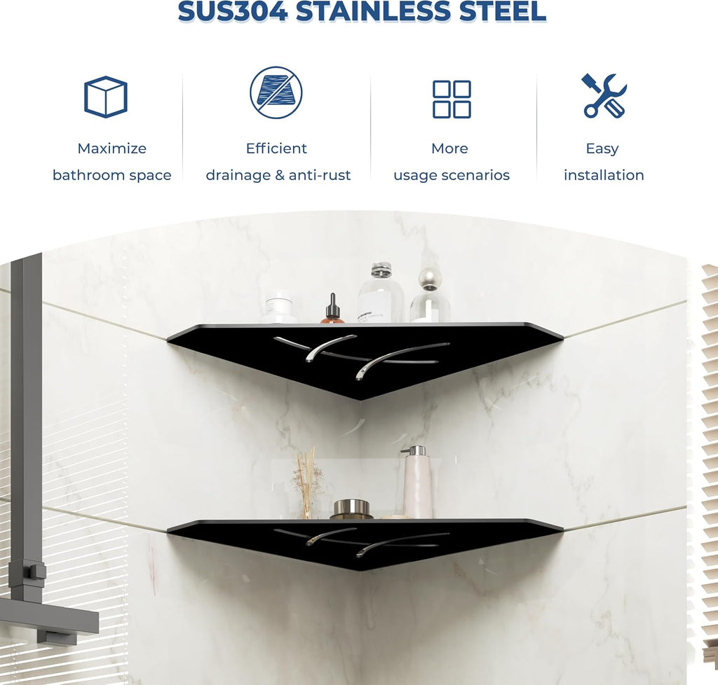 2-Pack 10" Matte Black Recessed Corner Shower Shelf, for Tiled