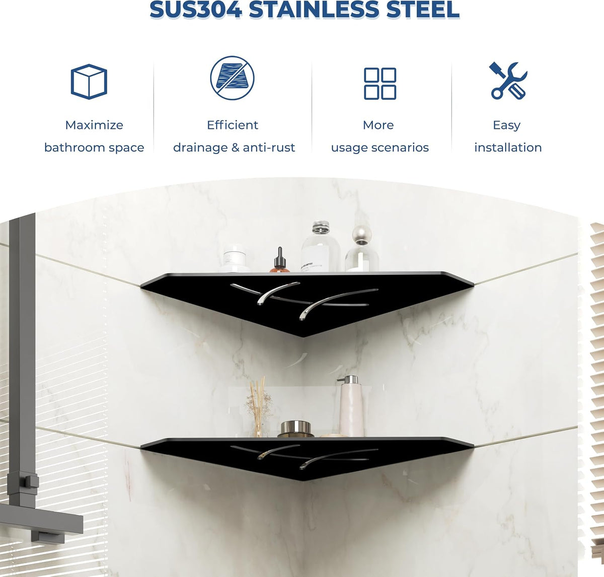 2-Pack 10" Matte Black Recessed Corner Shower Shelf, for Tiled