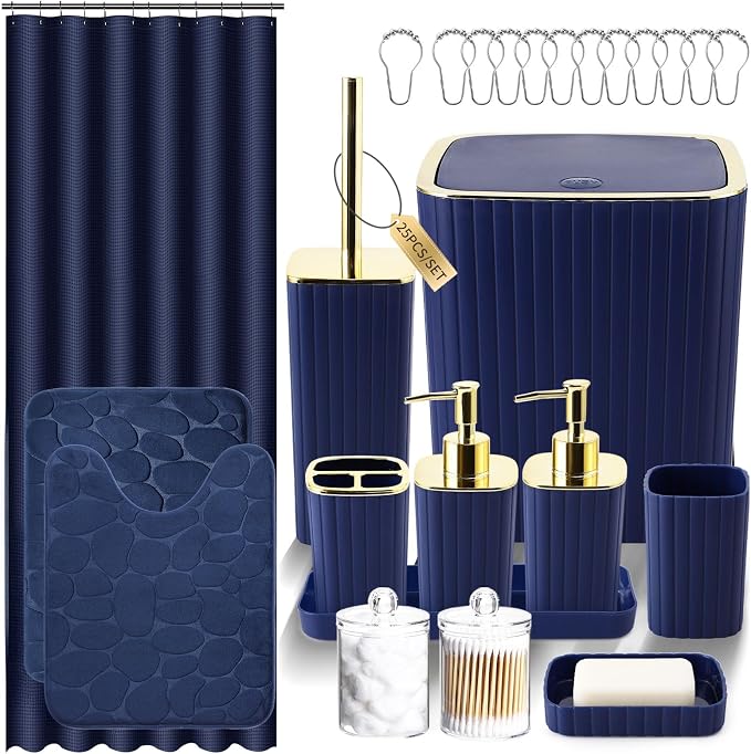Bathroom Set with Shower Curtain and Rugs- 25PC Blue Bathroom Accessory Set by BetterbathroomwithXLHOME