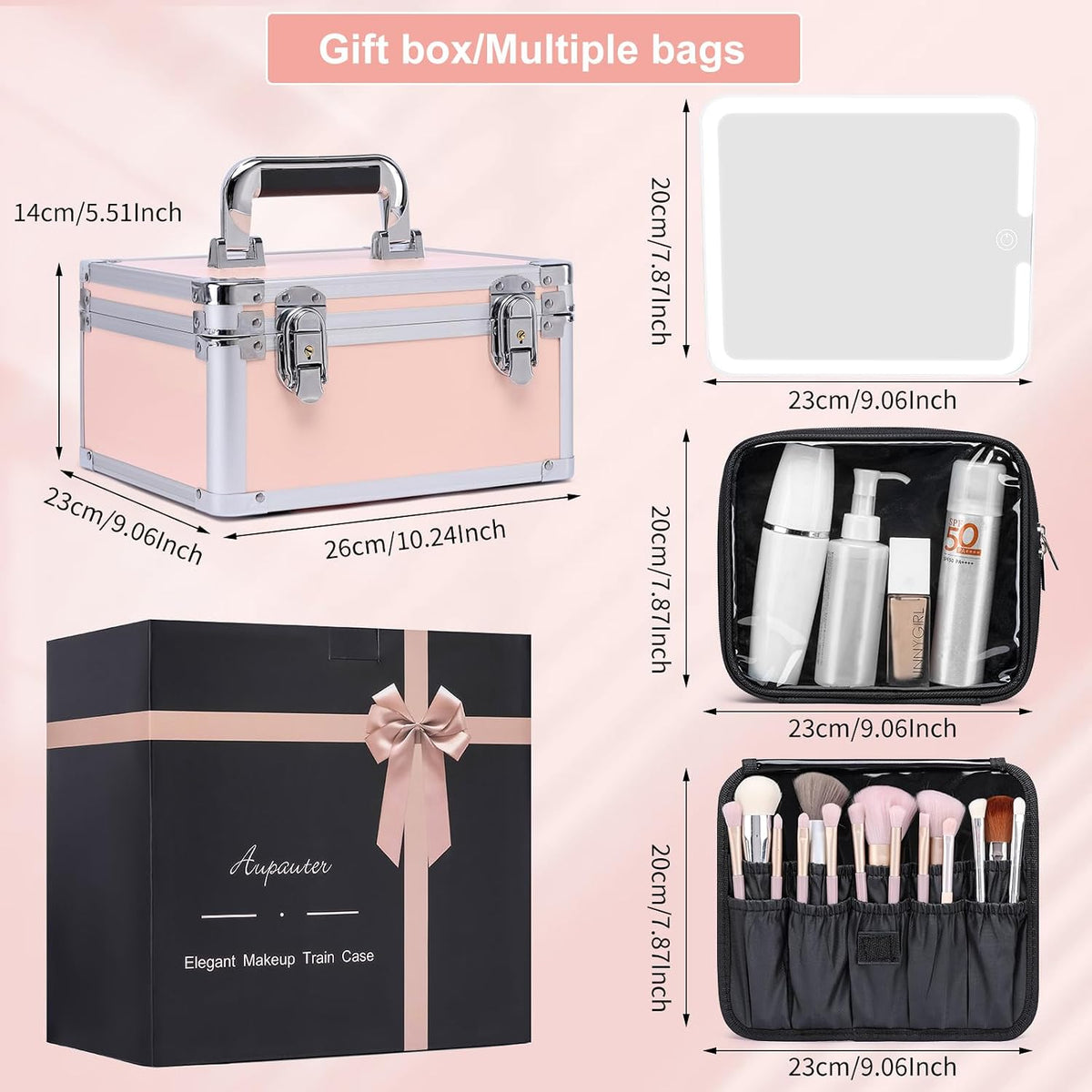 Makeup Box with Led Mirror,Travel Train Hard Case with Rechargeable