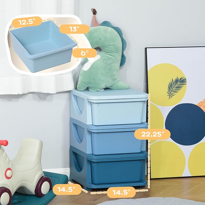 Qaba 3 Tier Kids Storage Unit, 3 Drawer Chest Toy Organizer Plastic Bins - Image 8