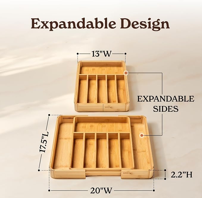 SMIRLY Silverware Drawer Organizer – Bamboo Kitchen Drawer Organizer, - Image 2