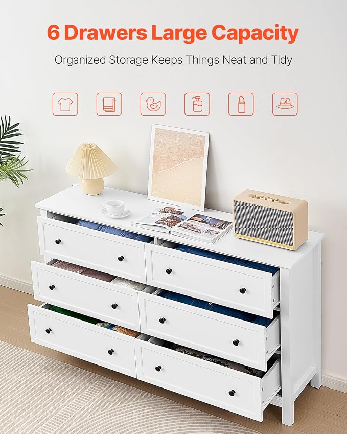 VEVOR 6 Drawer White Dresser, Wood Dresser Chest of Drawers - Image 5