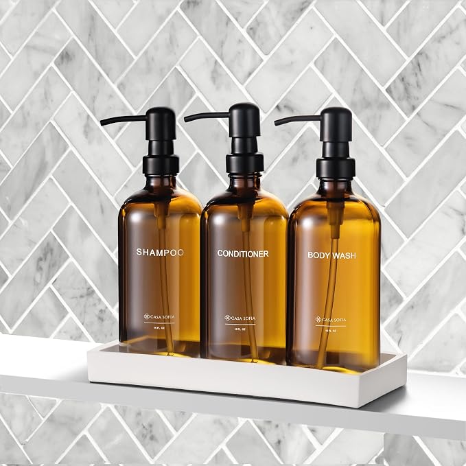 Amber Glass Shampoo and Conditioner Dispenser Set – Refillable 16 OZ Bottles - Image 6