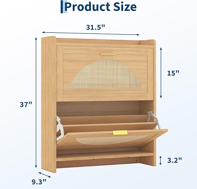Rattan Shoe Cabinet with 2 Flip Drawers, Natural Wood Shoe Storage Cabinet - Image 2