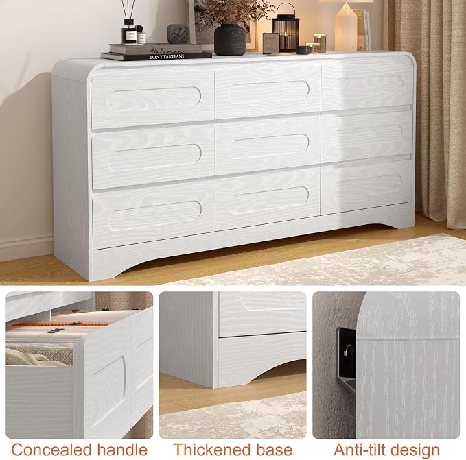 Dresser for Bedroom with 9 Drawers, Wood Closet Clothes Storage Long Dressers - Image 6